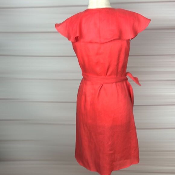 Neiman Marcus Coral Ruffle V-Neck Sleeveless 100% Linen Wrap Dress size S - Picture 6 of 13